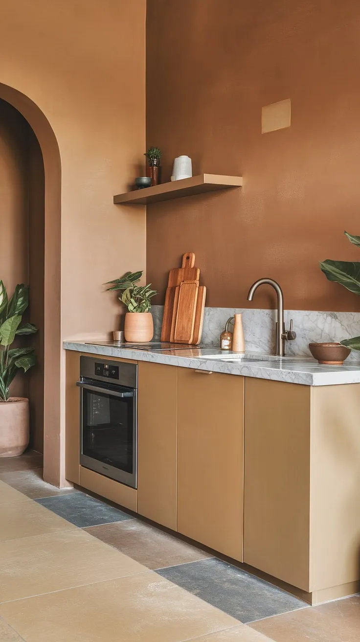 The earthy kitchen blends modern minimalist elements with warm beige hues and natural accents, creating a stylish and inspiring space for kitchen design enthusiasts.