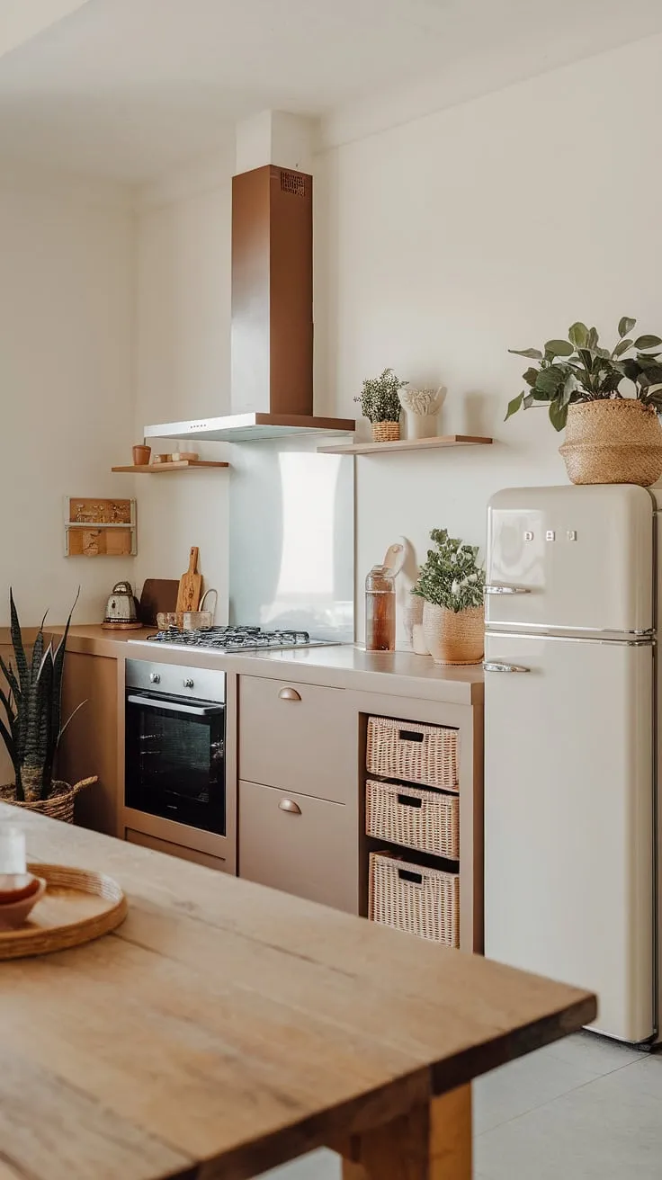 This trendy kitchen showcases a modern minimalist design with earthy tones, featuring a wooden dining table, essential appliances, and minimalist decor that inspires contemporary kitchen design trends.