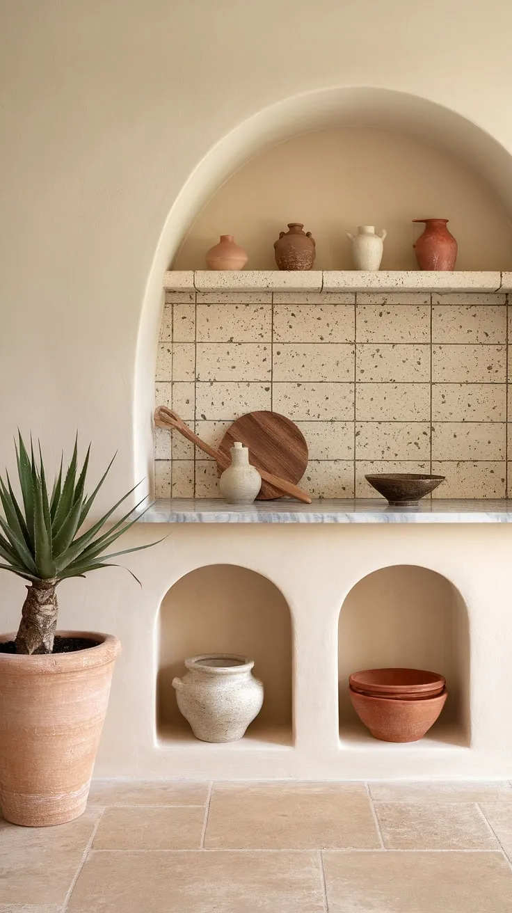 Featuring a blend of minimalist decor and earthy elements, this stylish kitchen inspires with its chic marble surfaces and warm beige palette.
