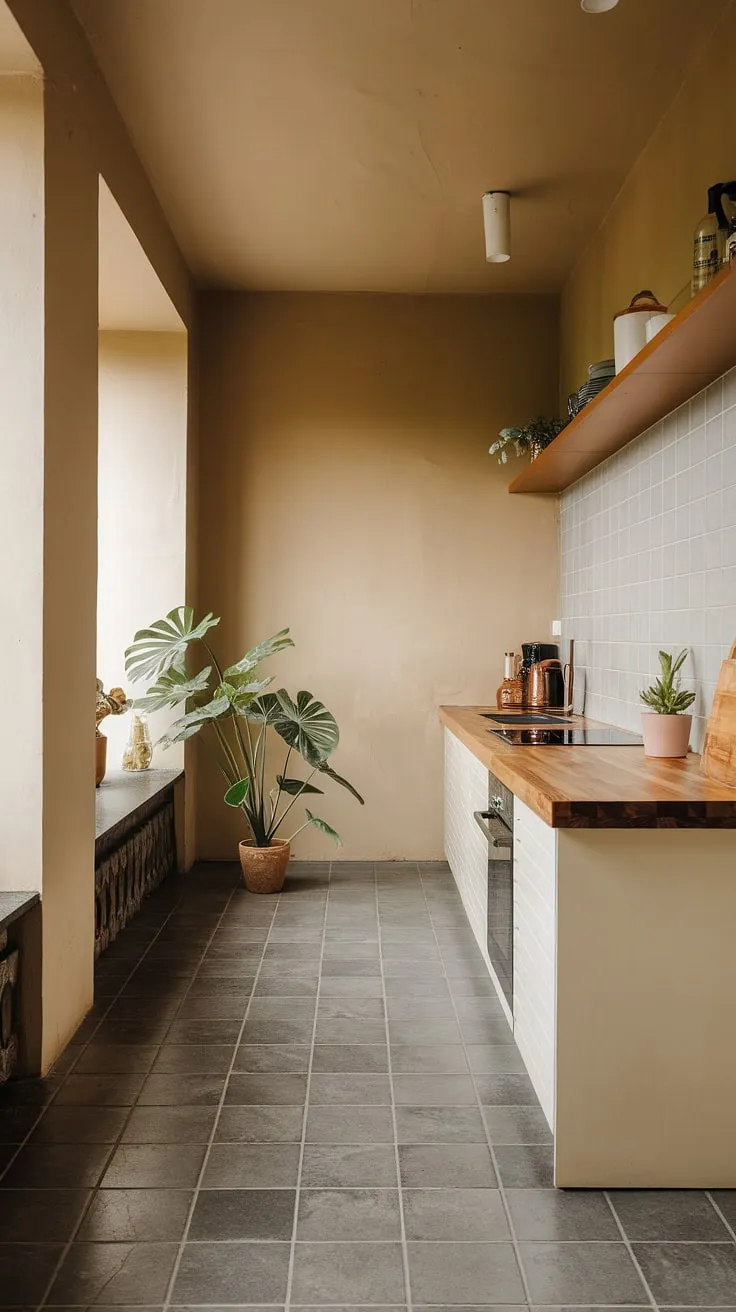 This trendy kitchen showcases modern minimalist design with earthy tones, featuring a wooden countertop, white cabinets, and a touch of greenery for inspiring kitchen decor.