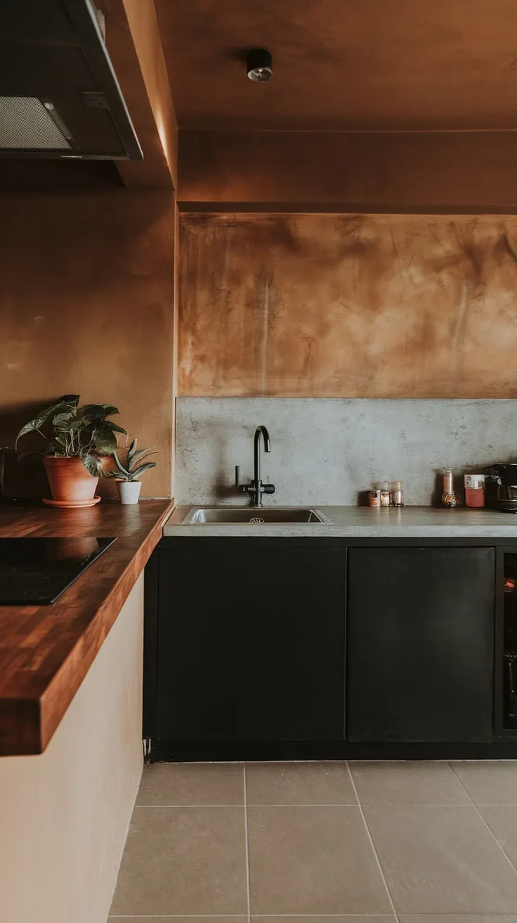 This trendy kitchen showcases a modern minimalist design with earthy tones, featuring a wooden countertop, concrete backsplash, and minimalist decor that inspires contemporary kitchen design trends.