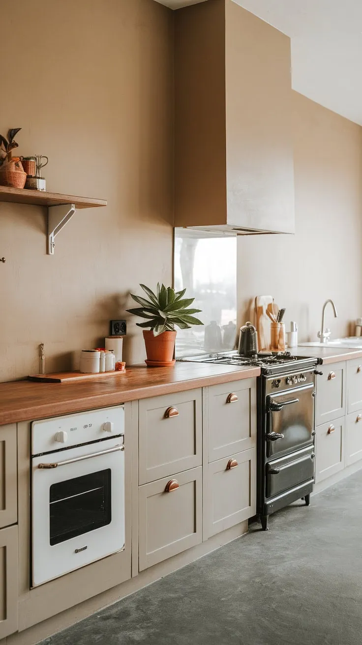 With its beige walls, grey concrete floor, and sleek appliances, this earthy kitchen exemplifies the latest kitchen design trends in minimalist style.