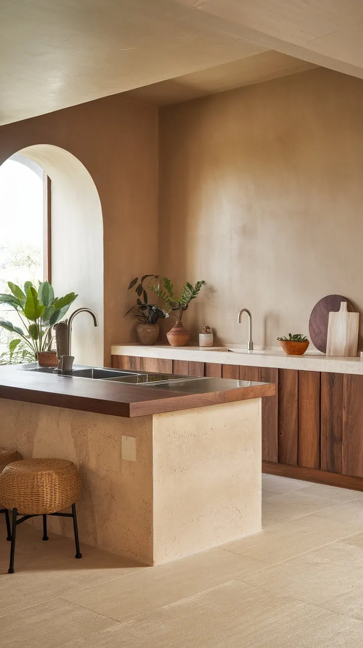 This trendy kitchen showcases a modern minimalist design with earthy tones, featuring a wooden island, stainless steel sink, and potted plants for inspiring minimalist decor.