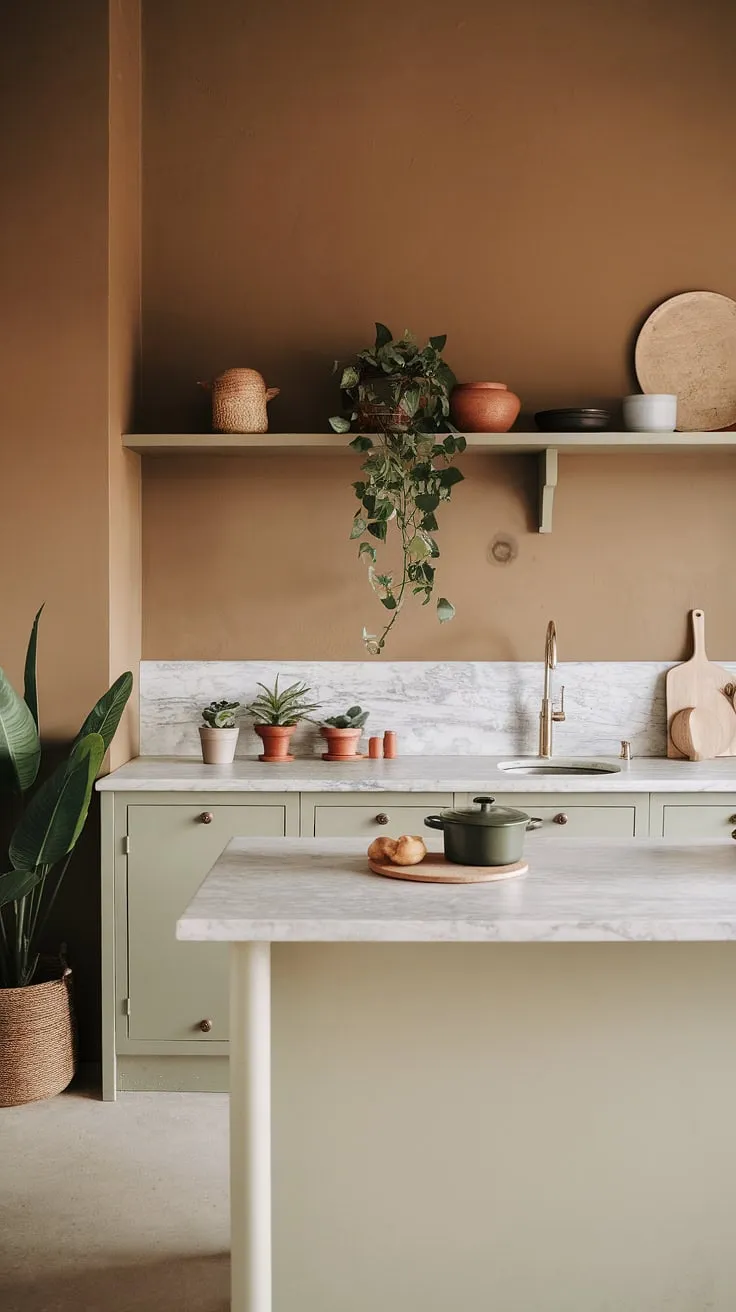 This trendy modern minimalist kitchen features earthy tones, a marble countertop, and minimalist decor, making it a perfect source of kitchen inspiration for the latest kitchen design trends.