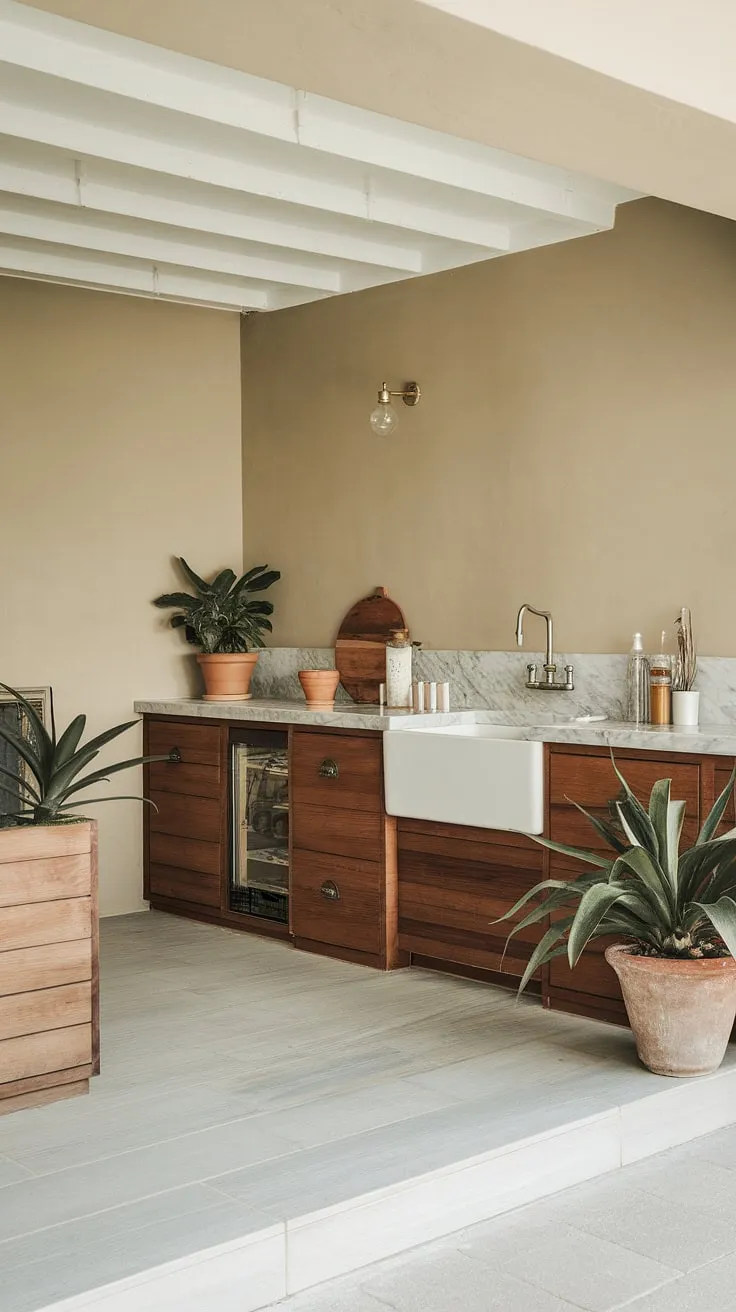 With its bright and open layout, this earthy kitchen combines minimalist decor and modern elements, making it a perfect example of current kitchen design trends.