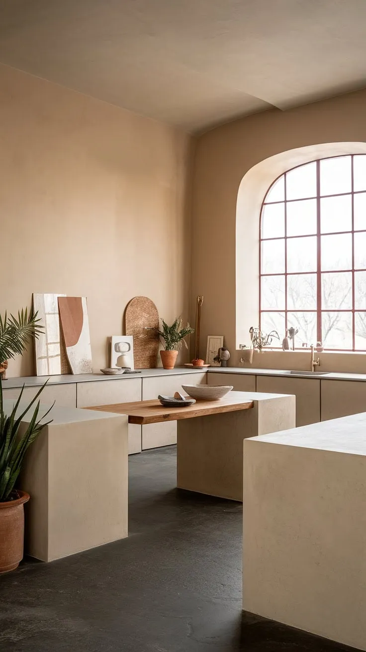 This trendy kitchen showcases a modern minimalist design with earthy tones, featuring a wooden island, potted plants, and soft beige walls that inspire minimalist decor.