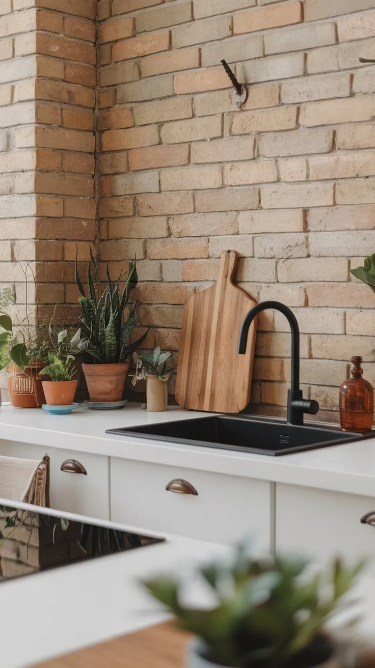 This trendy earthy kitchen showcases modern minimalist design with a white countertop, black sink, and rustic decor, making it a perfect source of kitchen inspiration.