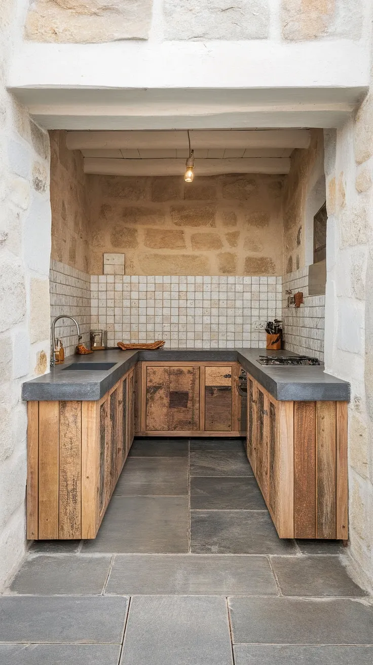 This trendy minimalist kitchen showcases an earthy aesthetic with natural stone walls, reclaimed wood cabinets, and dark grey concrete countertops, embodying the latest kitchen design trends.