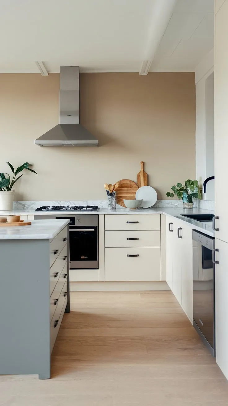 Featuring a light wood floor and soft beige walls, this trendy kitchen exemplifies the latest kitchen design trends while maintaining an earthy kitchen vibe.