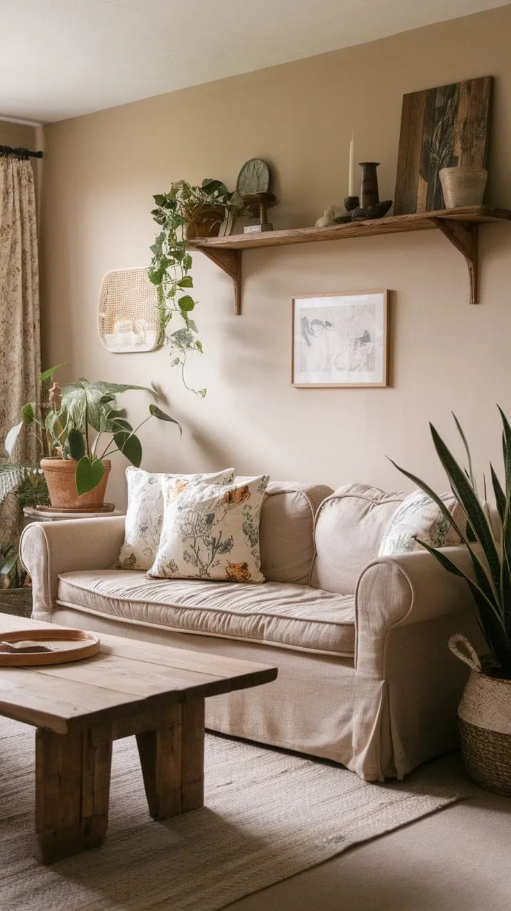 This serene minimalist living room, adorned in earthy tones and rich textures, invites you to unwind in its embrace of simple elegance.