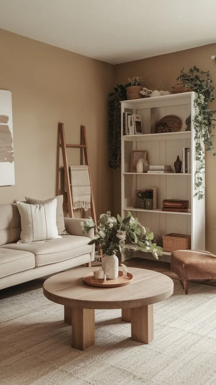 This minimalist cottagecore living room, adorned with soft lighting and natural elements, offers a serene escape for apartment dwellers craving rustic elegance.