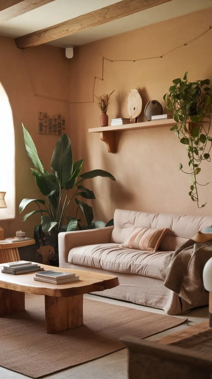 This earthy-toned living room, bathed in warm light and adorned with rustic charm, offers a tranquil sanctuary for quiet reflection and cherished moments.