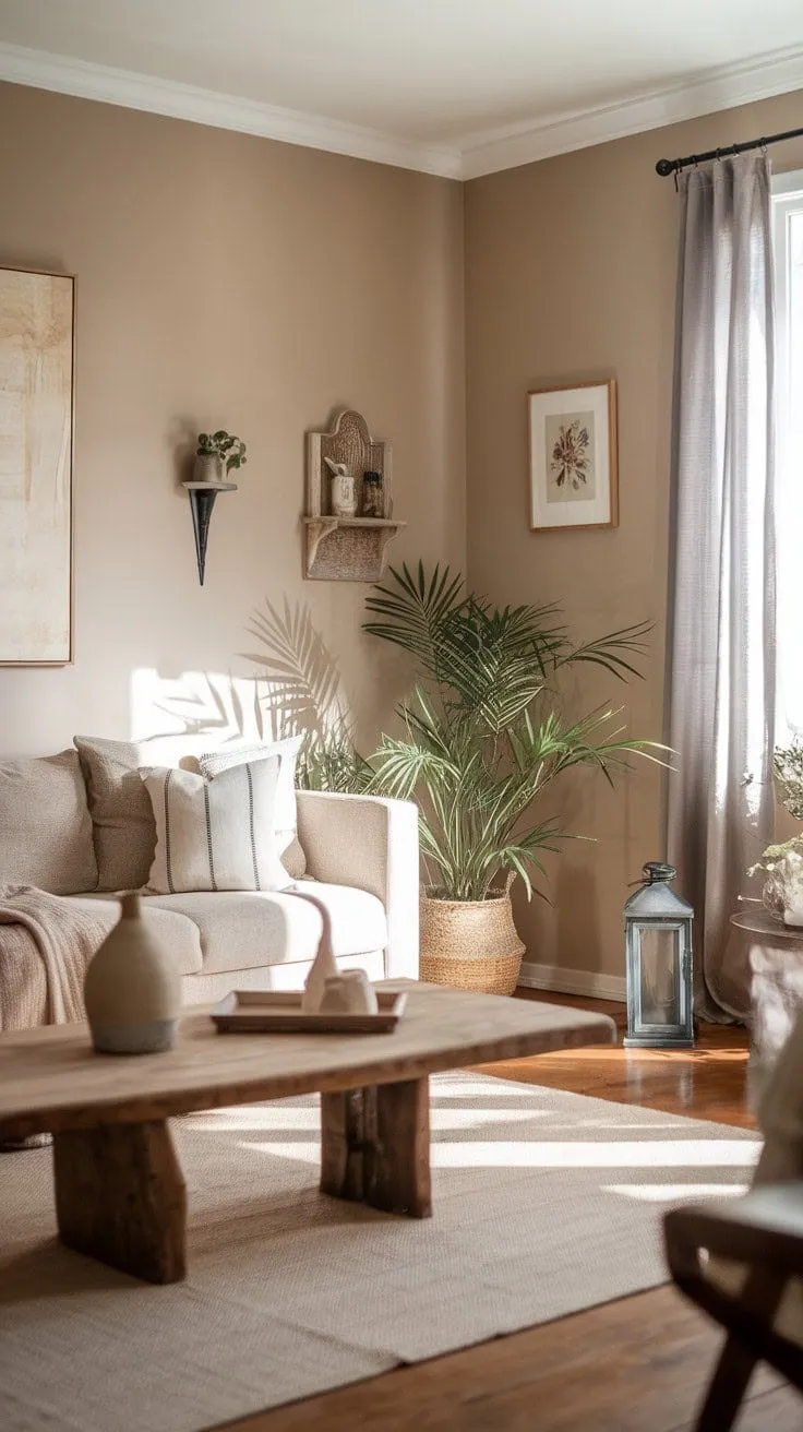 Bathed in natural light, this minimal living room exudes serene simplicity, inviting peaceful contemplation amidst its earthy textures.