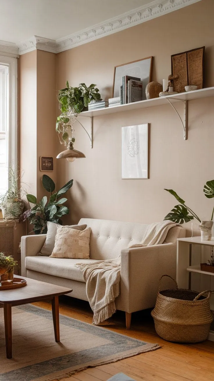 This serene living room, adorned with earthy tones and select vintage accents, offers a tranquil sanctuary for relaxation and contentment.