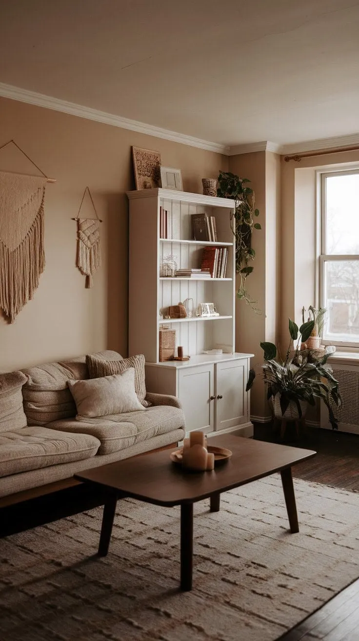 This serene apartment embodies understated elegance with its beige walls and dark wood floors, inviting mindful moments and peaceful reflection.