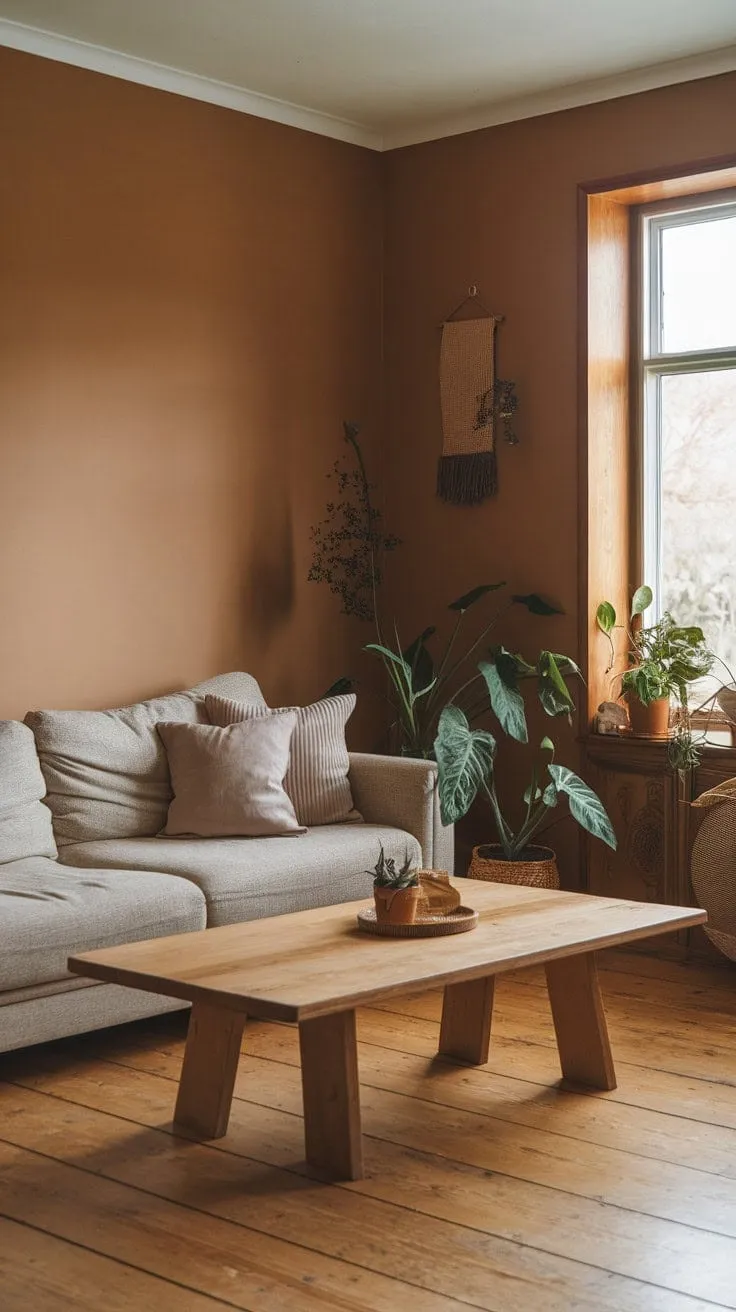 Sunlight bathes the earthy living room in warmth, transforming it into a serene haven of quiet contentment.