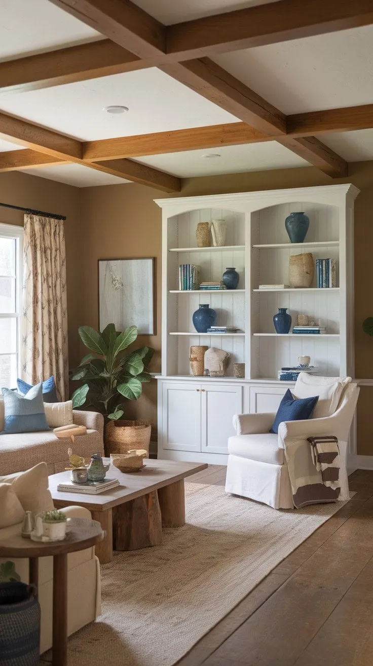 Sunlight dances through the window, casting a serene glow on a cozy retreat adorned with rustic charm and tranquil hues.