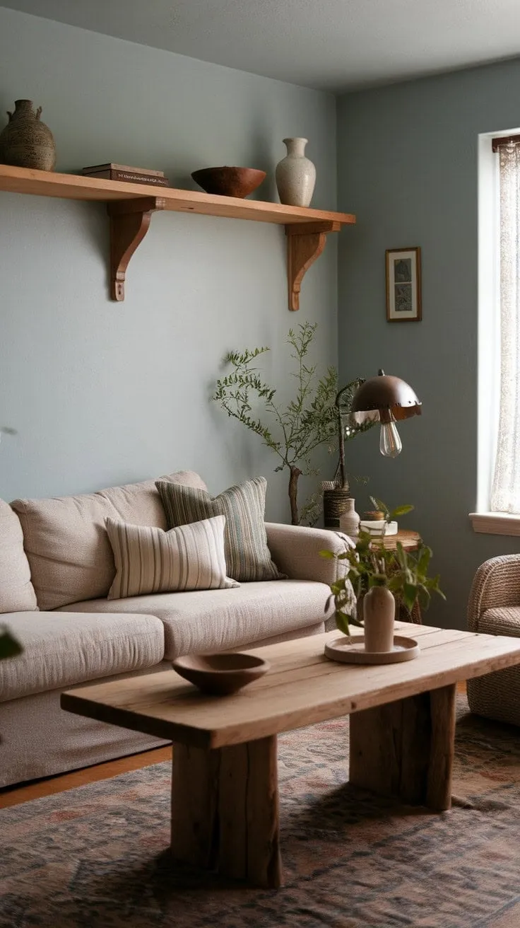 Bathed in sunlight, a serene sanctuary of muted blues and warm woods invites quiet contemplation and cozy evenings, where stories come to life and peace reigns.