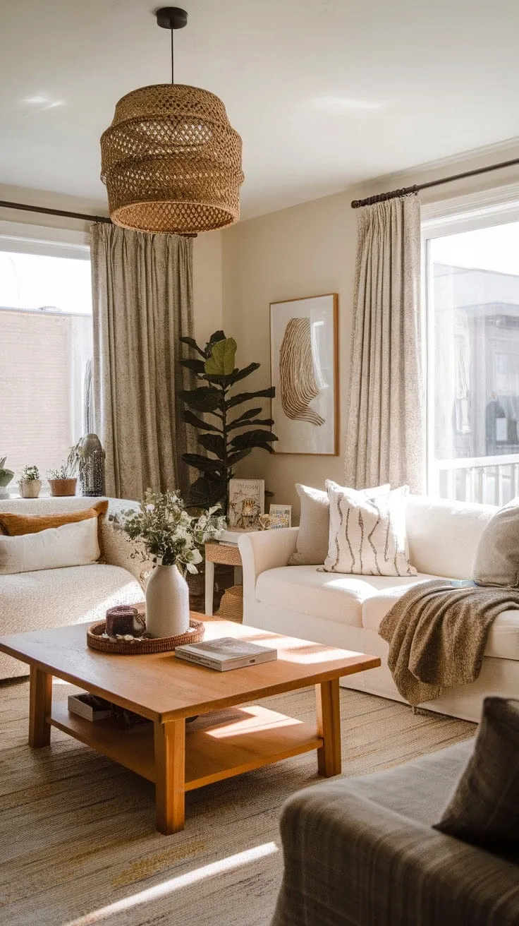 Sunlight bathes a cozy, minimalist living room in earthy tones, crafting a serene cottagecore haven of quiet comfort.