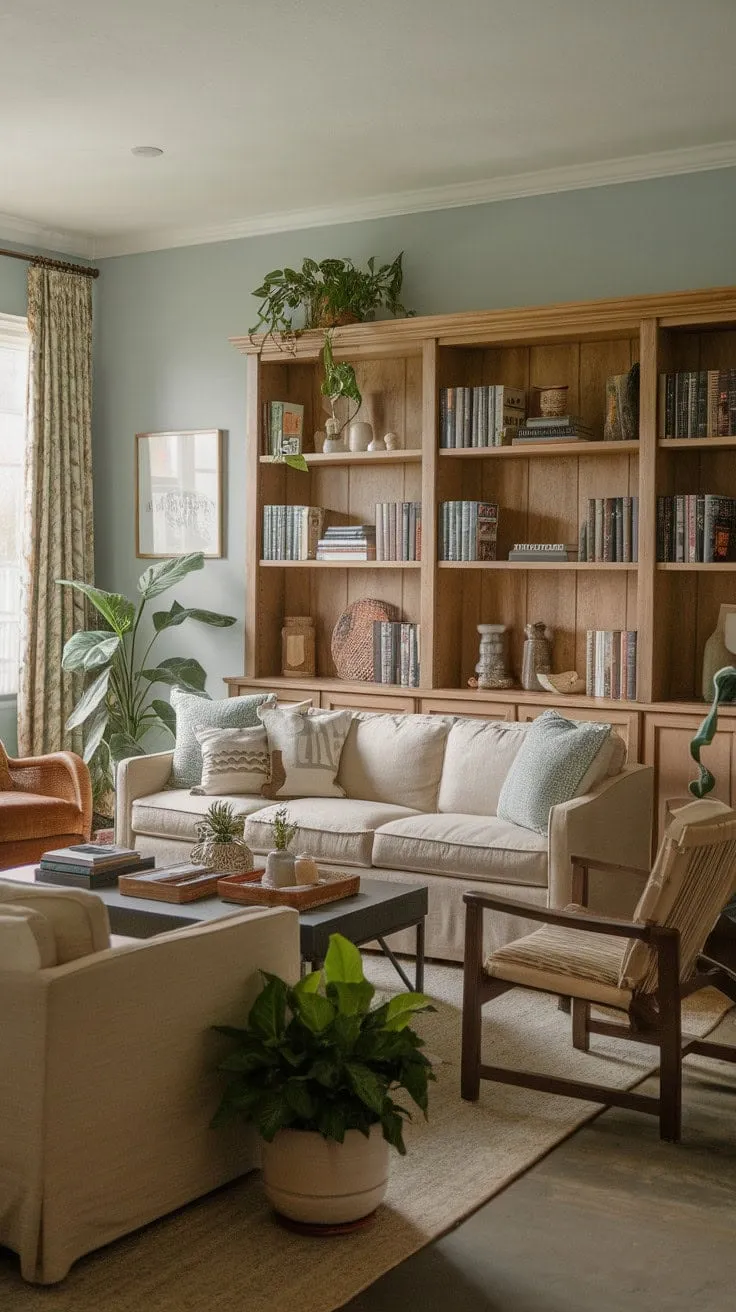 This serene living room, adorned with natural textures and warm hues, serves as a tranquil sanctuary that invites mindful living and quiet joy.