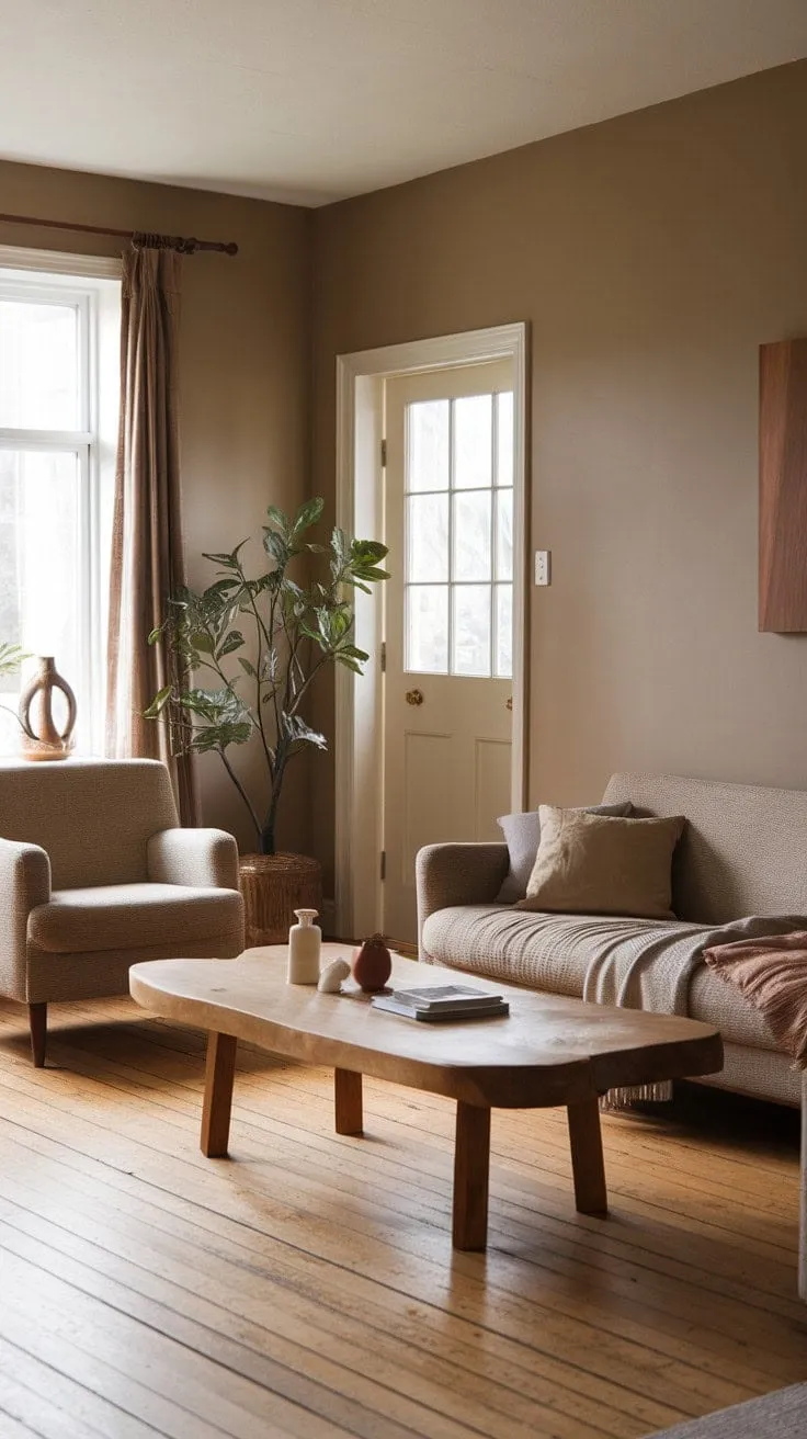 Sunlight bathes the serene living room in warmth, where earthy tones and natural elements invite tranquility and reflection.