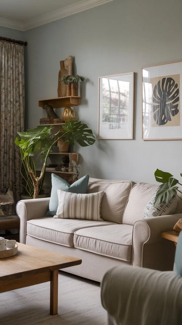 This serene living room, with its soft beige sofa and earthy tones, beckons you to unwind and immerse yourself in peaceful moments of reflection.