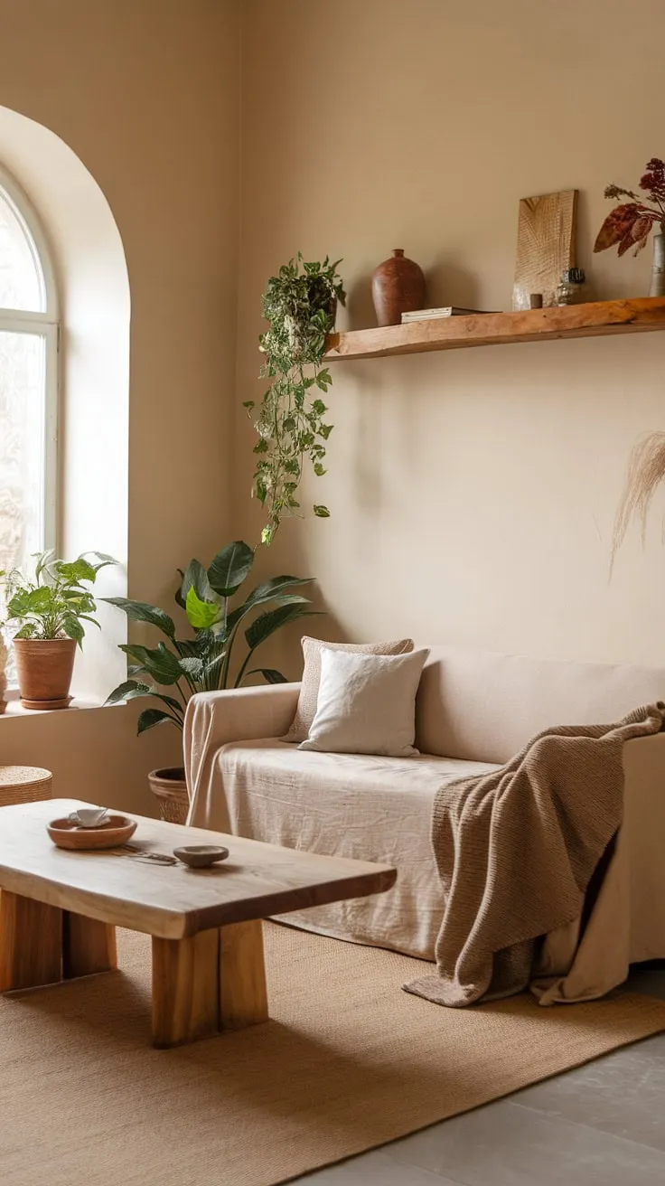 This cozy living room, adorned with earthy tones and cottagecore elements, offers apartment decor inspiration for a dream apartment aesthetic that radiates quiet minimal vibes.