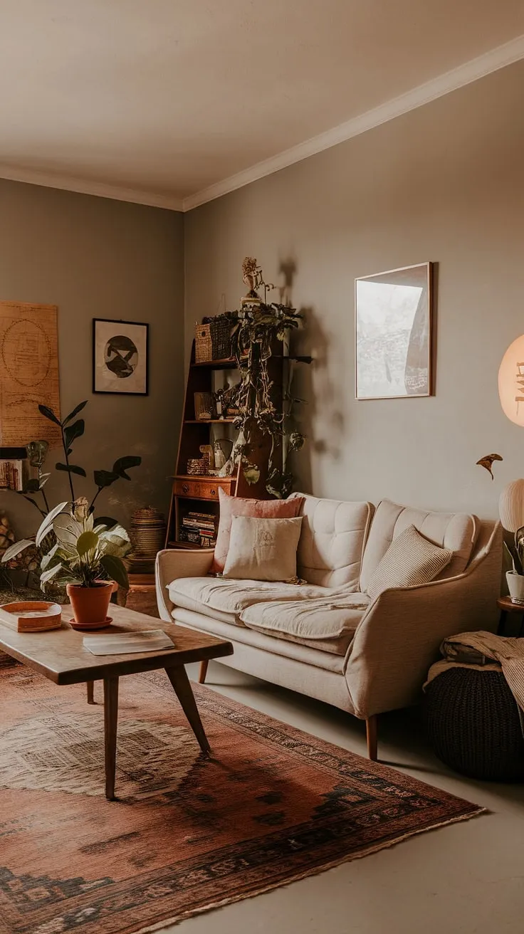 This dreamy apartment decor showcases a quiet minimal style with a wooden coffee table, potted plants, and personal touches that inspire apartment decor inspiration.