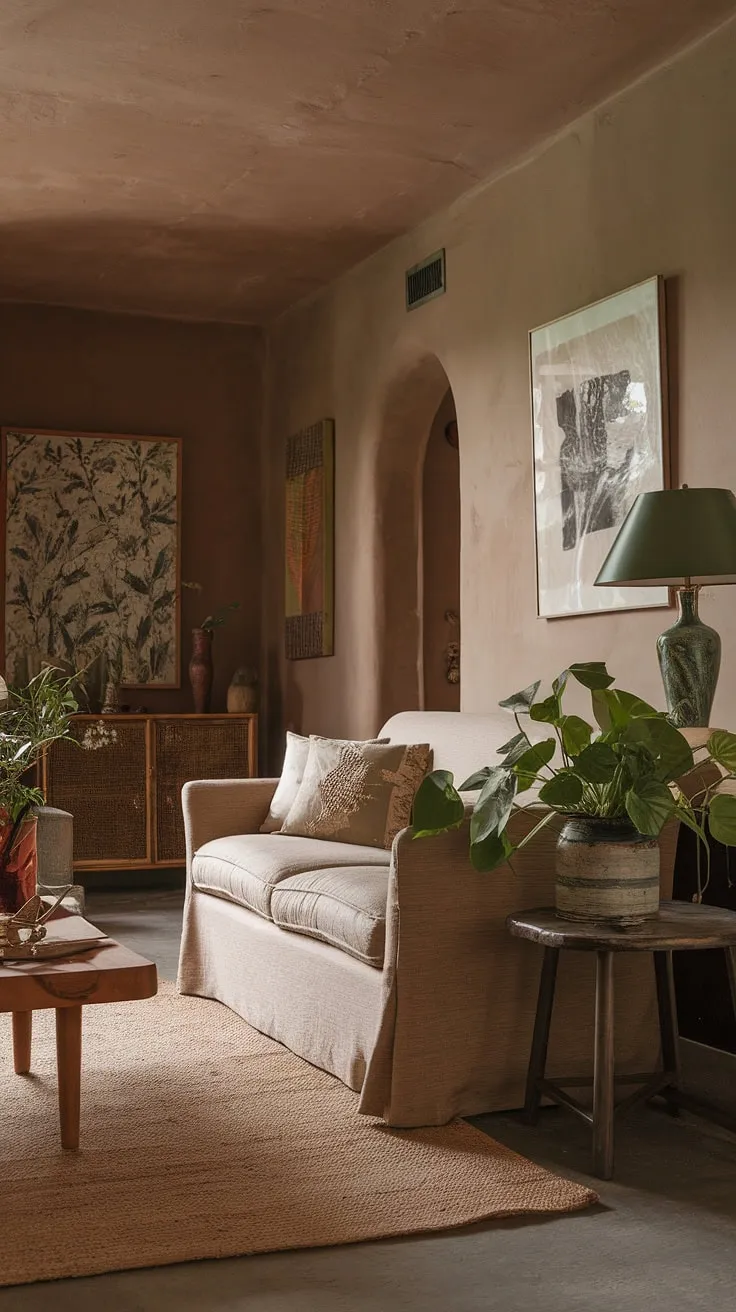 Transform your apartment vibes with this earthy living room design that captures cozy cottagecore living through warm tones, vintage decor, and aesthetic tips for dream apartment decor.