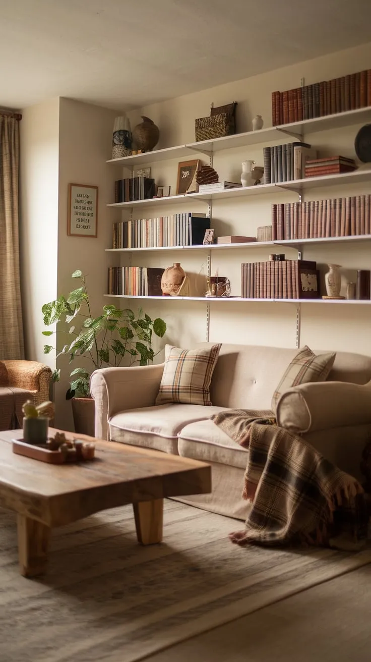 Featuring a beige couch, wooden coffee table, and a touch of greenery, this space embodies the perfect blend of cozy living room design and aesthetic tips for a charming apartment aesthetic.