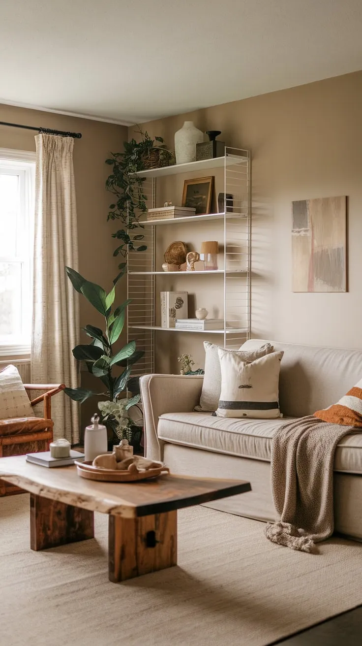 This cozy, earthy living room embodies cottagecore living with its quiet minimal vibe, offering apartment decor inspiration and aesthetic tips for achieving dream apartment decor.