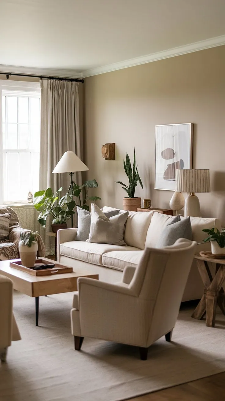 This quiet minimal living room, adorned with potted plants and soft beige hues, offers perfect apartment aesthetic tips for a cozy and inviting space.