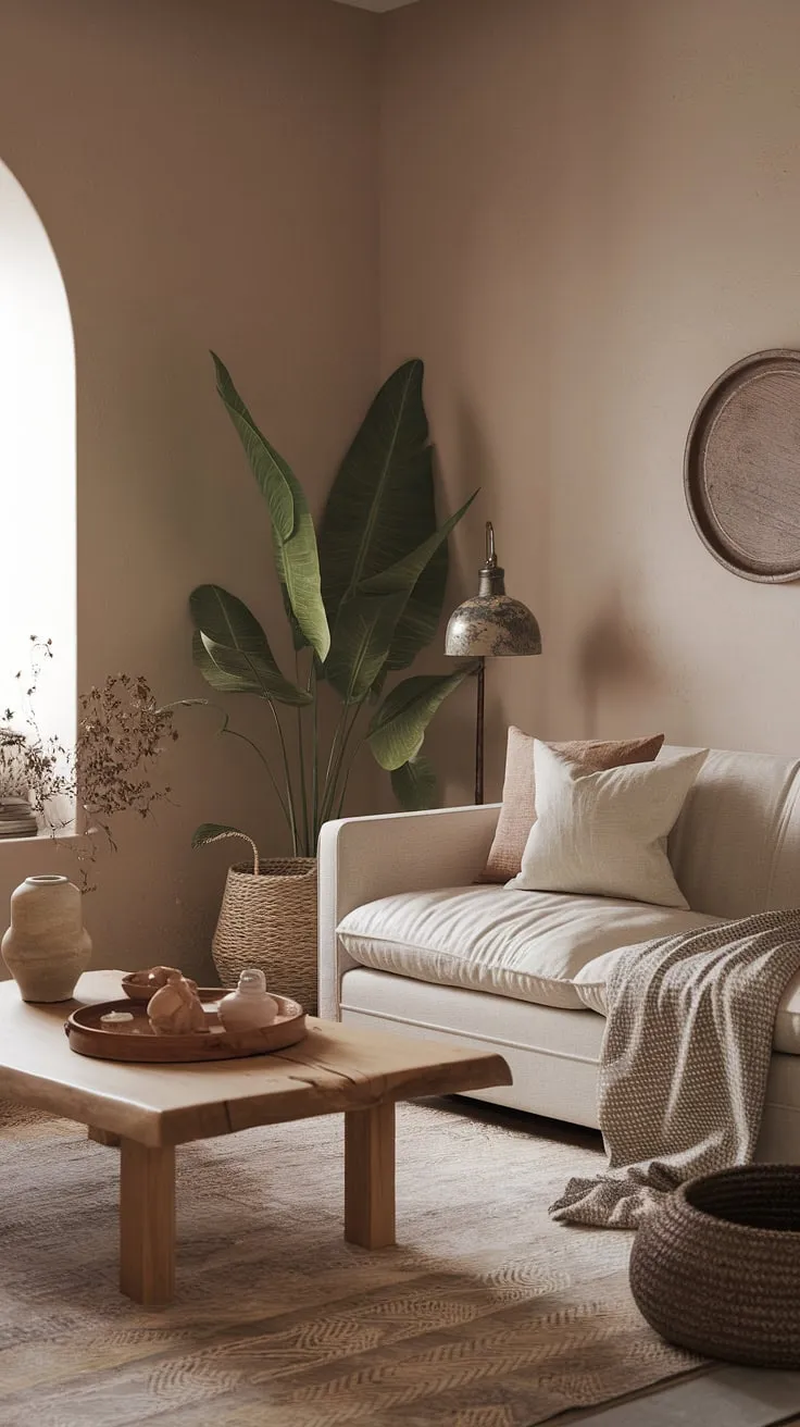 Transform your apartment vibes with this cozy, earthy living room design that captures the essence of cottagecore living through quiet minimalism and aesthetic tips for dream apartment decor.