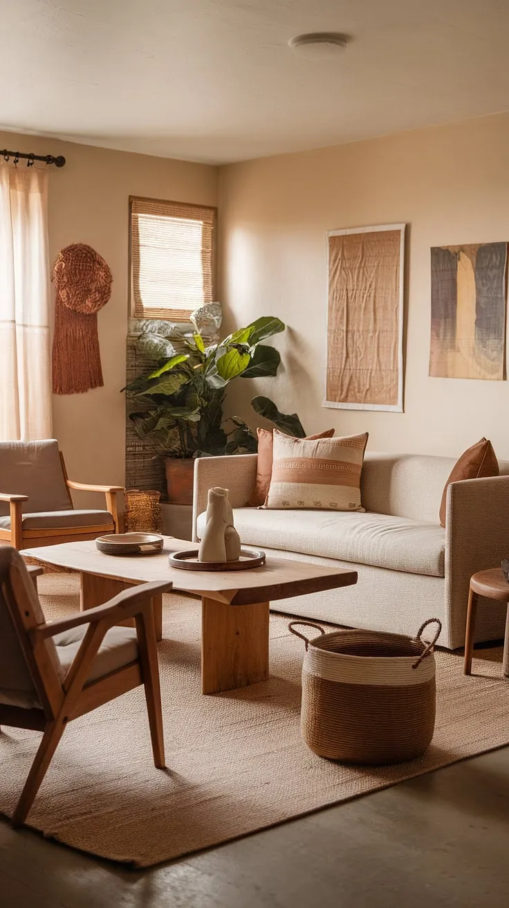 This cozy living room, adorned with earthy tones and minimal decor, embodies cottagecore living and offers perfect apartment decor inspiration for achieving dream apartment vibes.