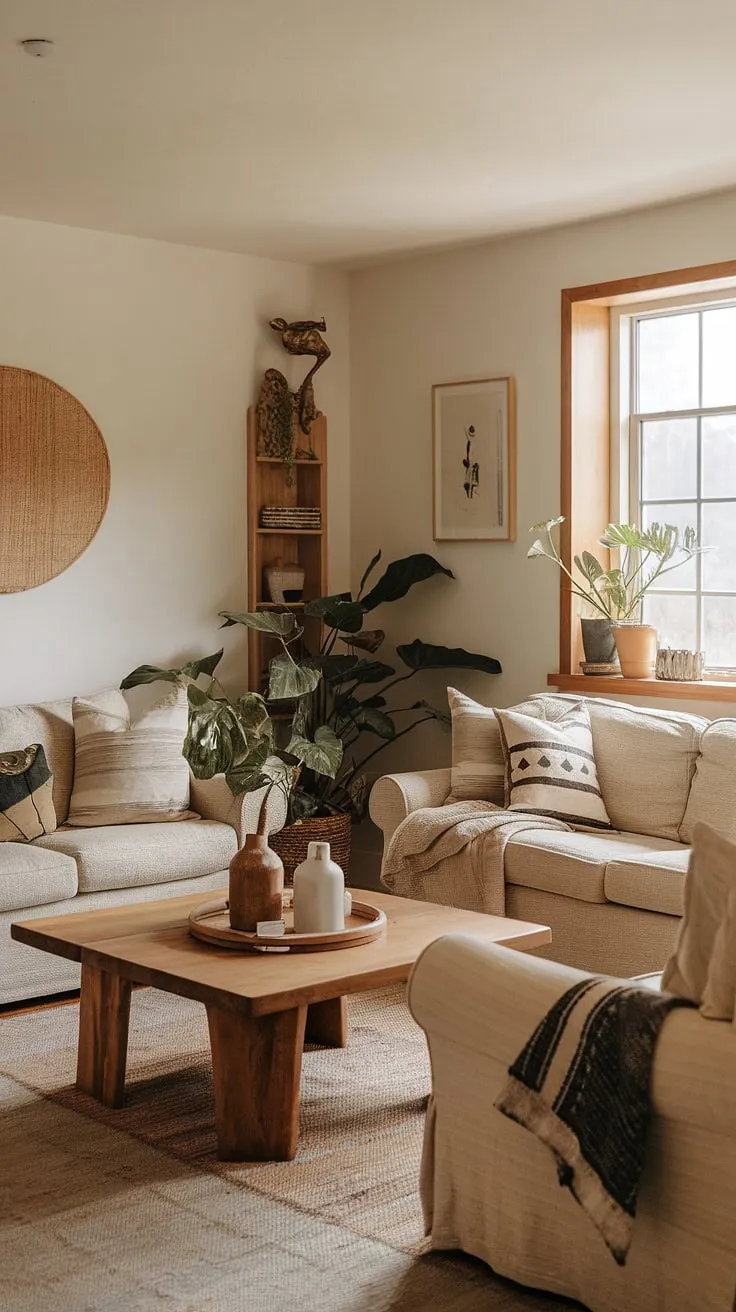 This inviting space showcases aesthetic tips for a quiet minimal aesthetic, blending warm tones and natural elements to create the perfect cozy living room.