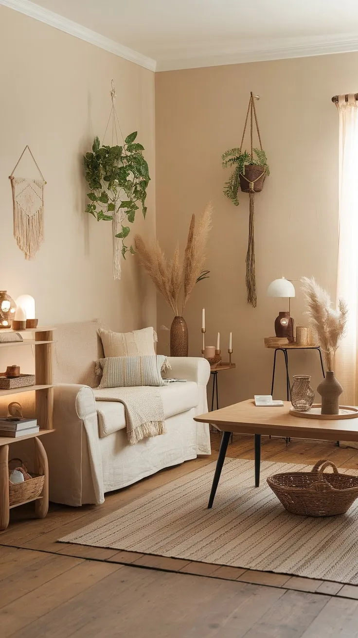 This cozy earthy living room, adorned with cottagecore decor and soft beige tones, offers perfect apartment decor inspiration for achieving a quiet minimal aesthetic that enhances your dream apartment vibes.