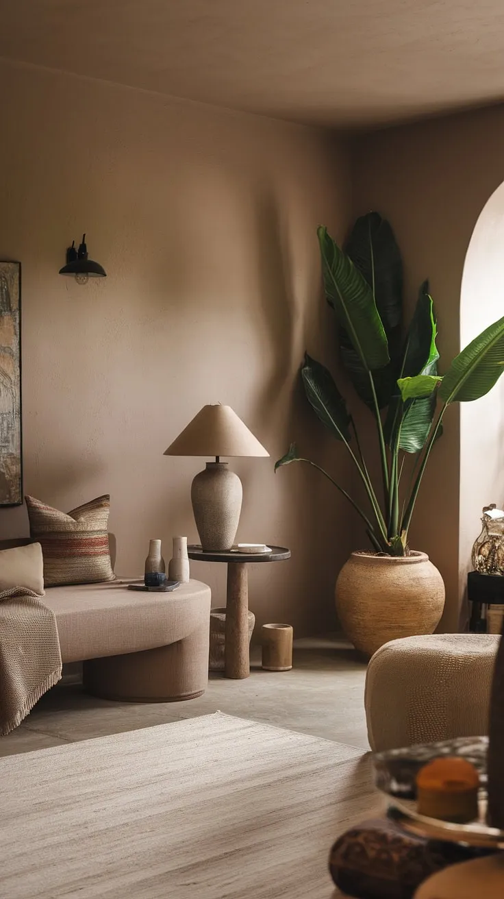 This cozy living room, adorned with soft lighting and earthy tones, offers apartment decor inspiration for a quiet minimal aesthetic that embodies the essence of cottagecore living.