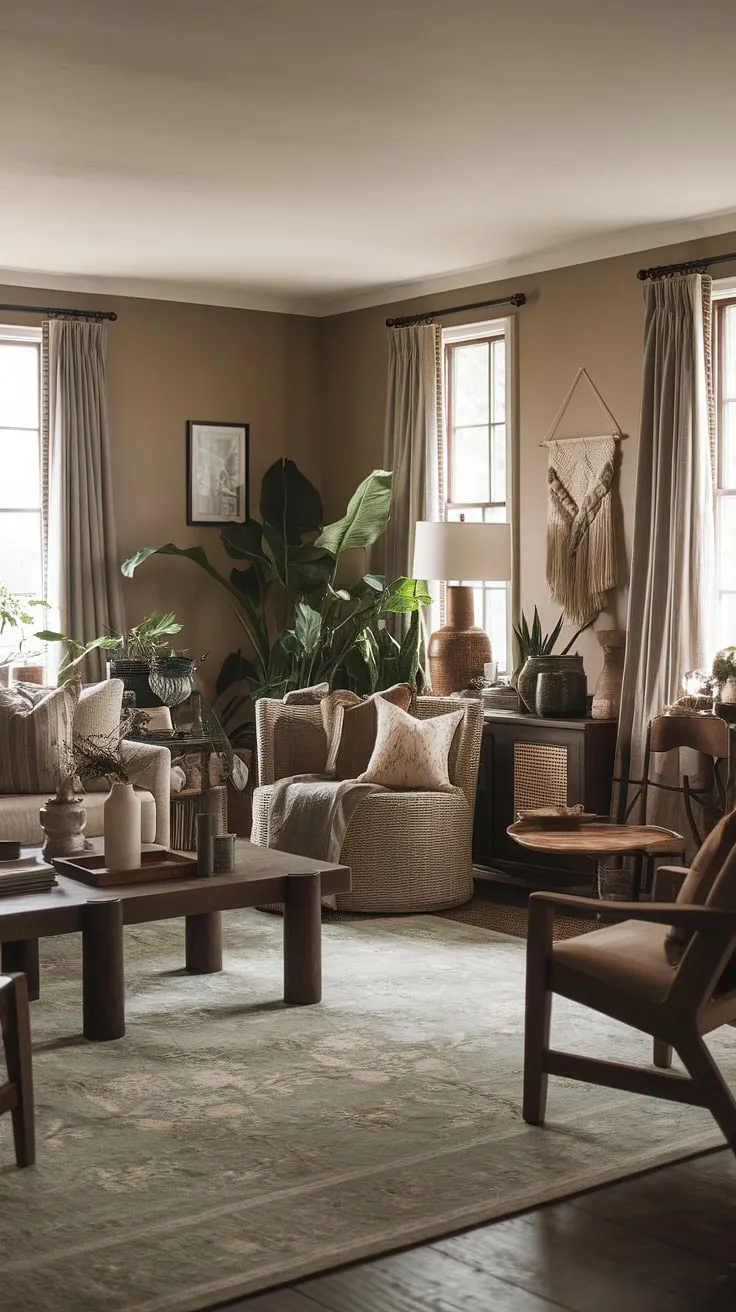 This quiet minimal space, adorned with dark wooden furniture and lush greenery, serves as perfect apartment decor inspiration for a warm and inviting aesthetic.