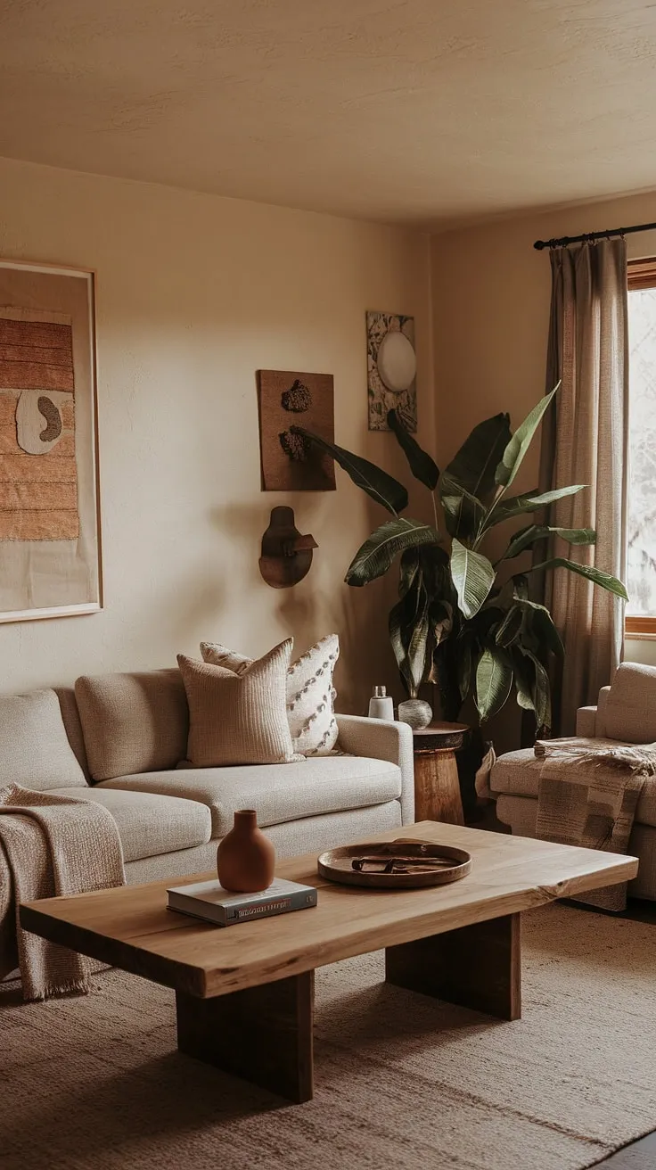 Featuring a beige couch, wooden coffee table, and soft lighting, this cozy space embodies aesthetic tips for a charming apartment decor that feels like home.