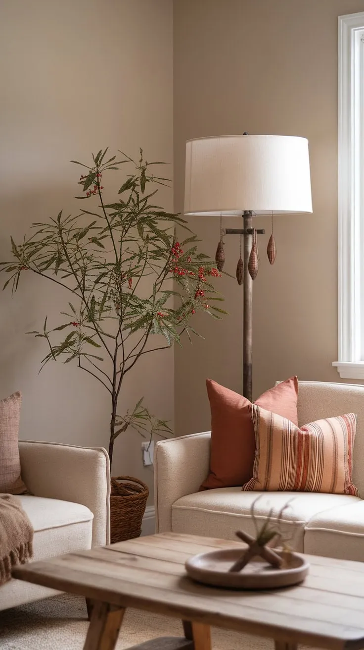 This cozy earthy living room, featuring a quiet minimal design and cottagecore aesthetic, offers perfect apartment decor inspiration for achieving dream apartment vibes with aesthetic tips.