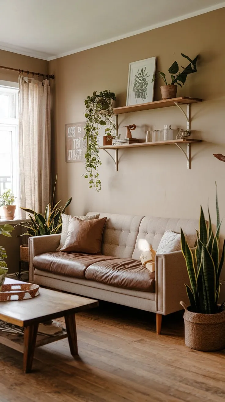 With its warm beige tones, wooden furniture, and charming decor, this cozy living room embodies the essence of cottagecore living, offering aesthetic tips for a stylish apartment decor that radiates comfort.