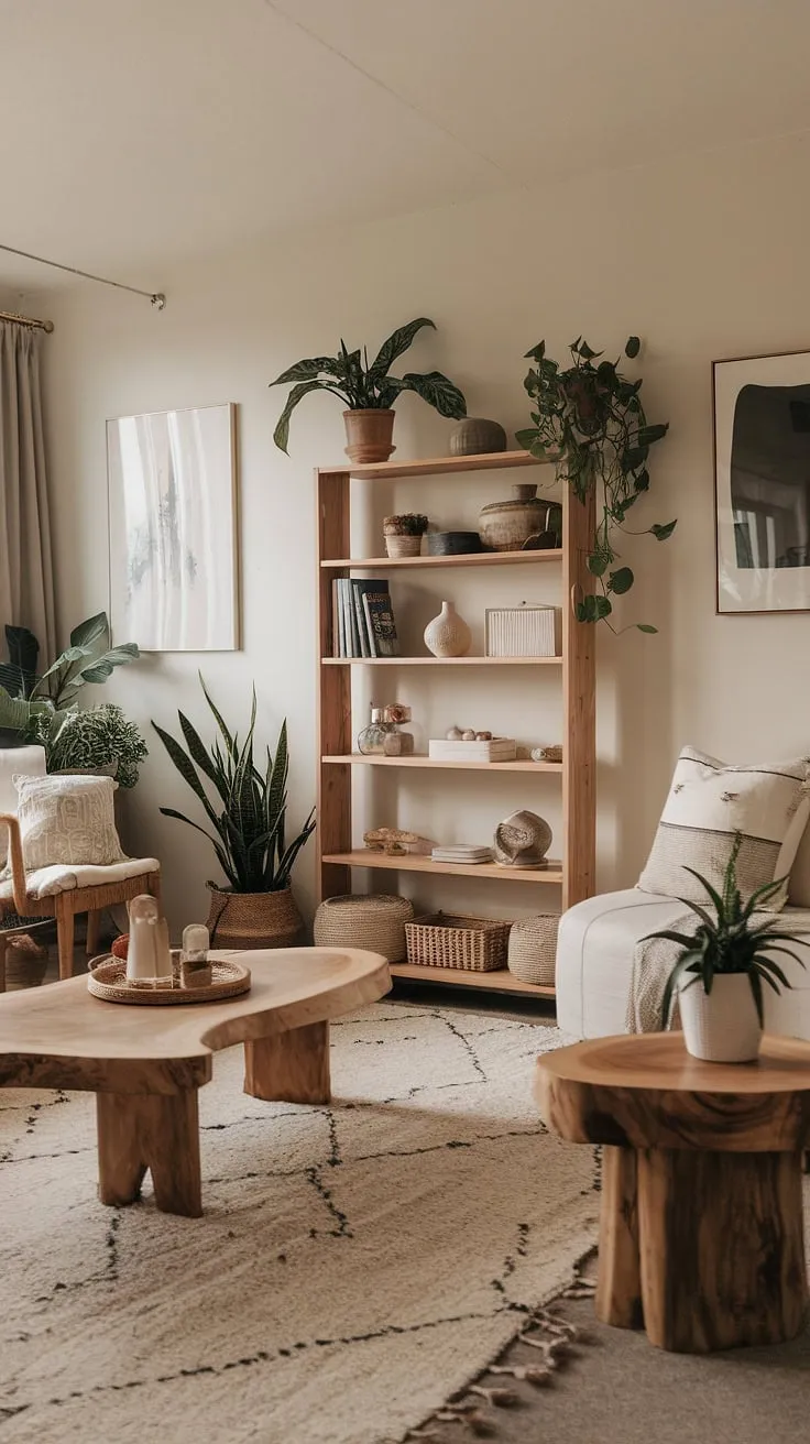 This earthy living room, featuring cozy cottagecore design elements and natural materials, offers apartment decor inspiration with its quiet minimal aesthetic and inviting apartment vibes.