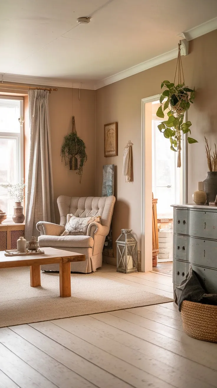 With warm lighting and charming details, this quiet minimal space captures the essence of cozy living room design and apartment vibes that inspire a tranquil retreat.