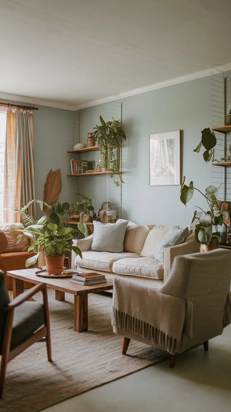 With its beige sofa, gray chair, and potted plants, this earthy living room exemplifies cozy living room design and aesthetic tips for achieving the perfect apartment vibes.