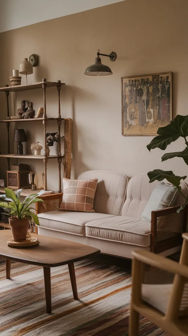 This cozy living room, adorned with earthy tones and cottagecore elements, offers apartment decor inspiration that perfectly captures the dream apartment aesthetic with its quiet minimal vibes.