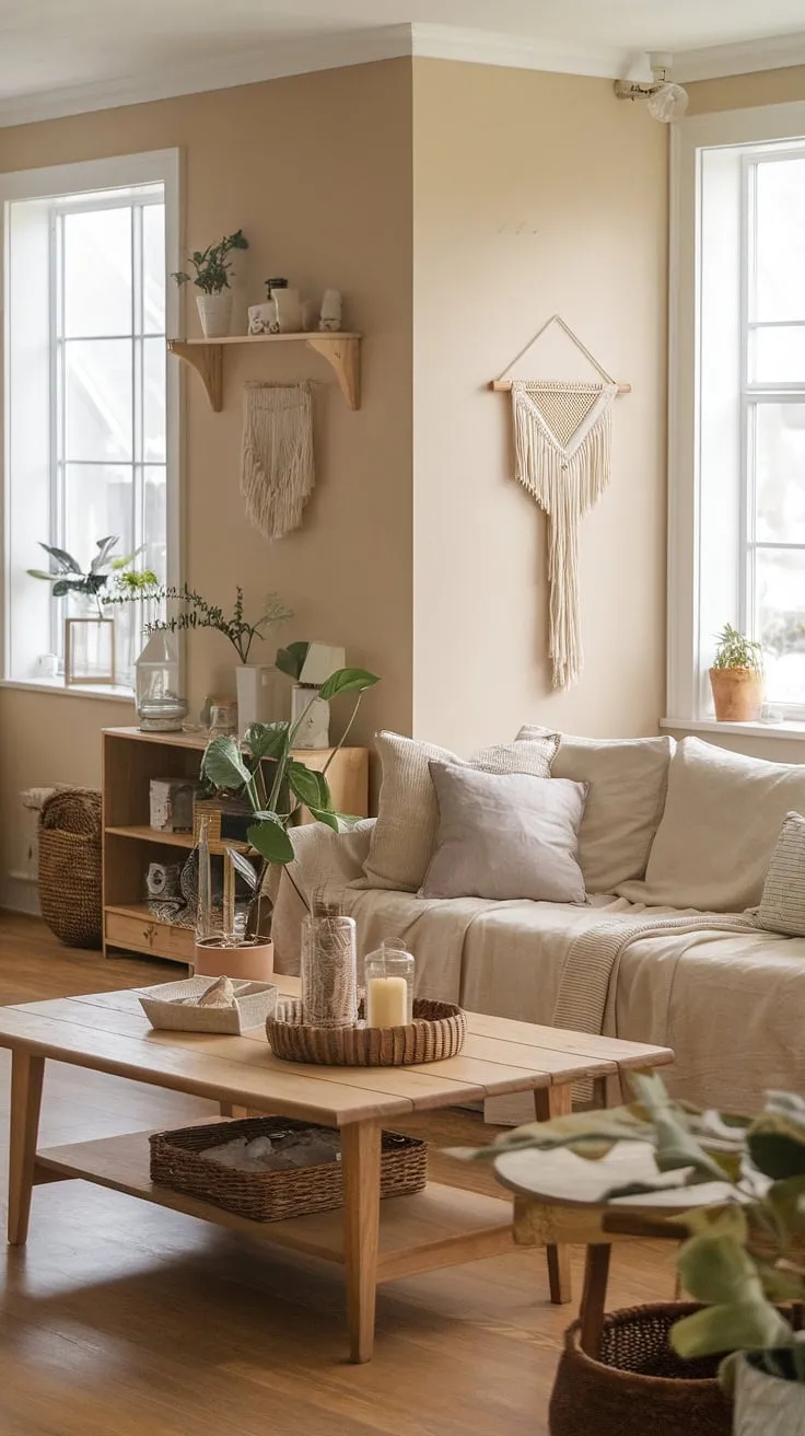 This cozy earthy living room, adorned with cottagecore elements and natural light, offers perfect apartment decor inspiration for achieving a quiet minimal aesthetic.