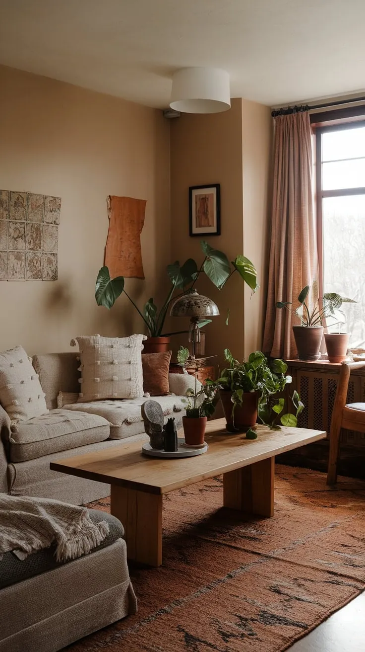 This cozy living room, adorned with earthy tones and minimal decor, embodies cottagecore living and offers apartment decor inspiration for achieving a dream apartment aesthetic with quiet minimal vibes.