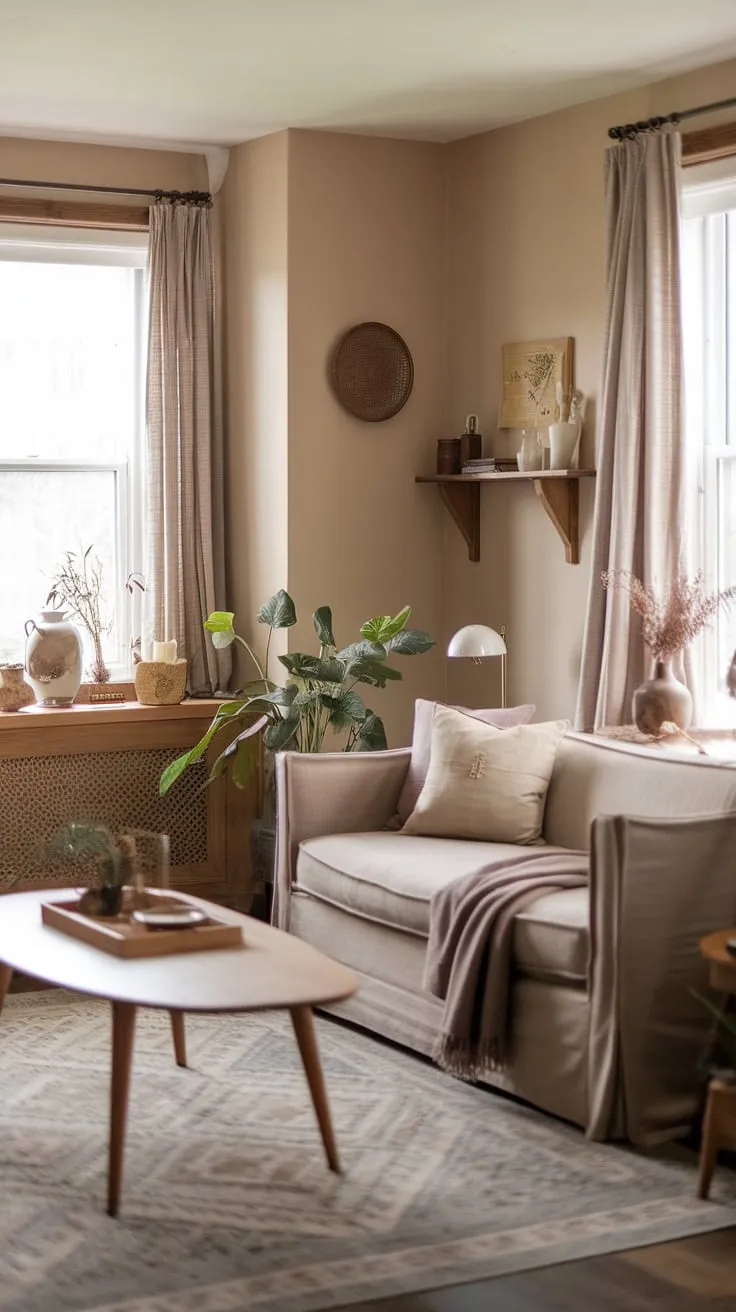 This cozy earthy living room, adorned with cottagecore decor and quiet minimal design, offers perfect apartment decor inspiration for achieving dreamy apartment vibes.
