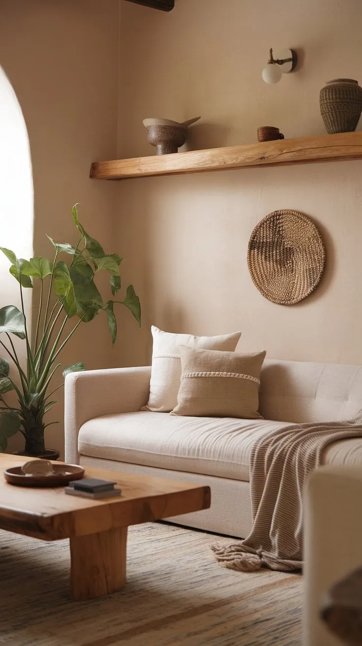 This quiet minimal aesthetic showcases a warm beige palette and natural elements, perfect for creating a cozy living room that inspires apartment decor dreams.
