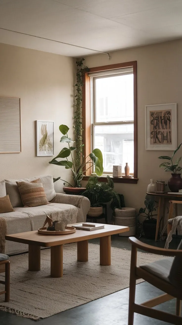 This earthy living room, featuring a cozy cottagecore design with a beige sofa, wooden furniture, and greenery, offers perfect apartment decor inspiration for achieving a quiet minimal aesthetic.